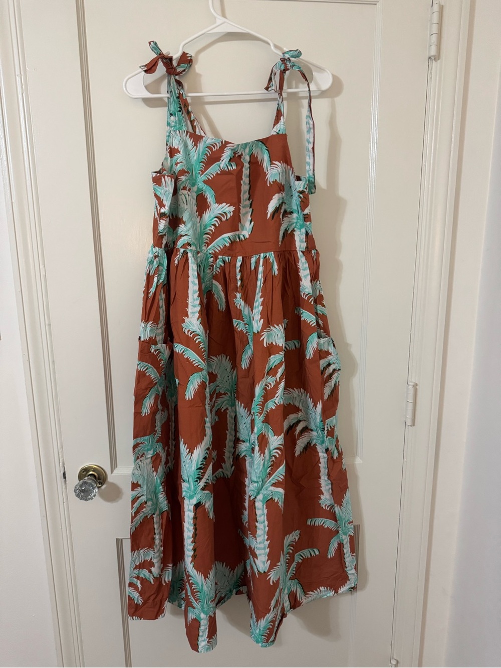 Oliphant Brown and Teal Palm-Print Midi Sundress